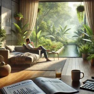 a man admiring his lush tropical view from his house thinking about passive income ideas.