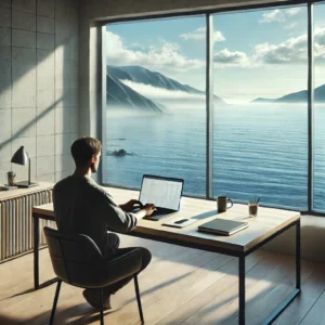 a man sitting at a desk with working on a laptop with a stunning ocean view out the window doing his Work from home jobs no experience