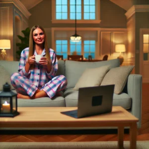 a woman sitting on her couch in her PJs sipping coffee in front of a laptop doing her Work from home jobs no experience