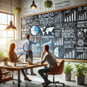 a small business meeting in front of a blackboard with the team brainstorming their small business growth hacks