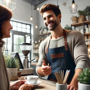 a man helping a female customer, using his small business growth hacks.