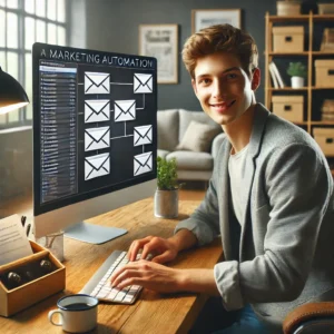 a man smiling working on a computer at a desk using his low- cost marketing ideas.