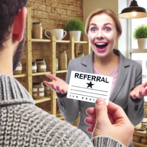 a man giving a referral card to an excited woman utilizing a lo-cost marketing ideas