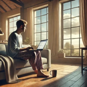 a man sitting on couch working on a laptop looking out window with beautiful view thinking about a Make Money From Home Guide.