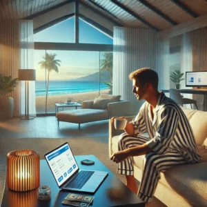 A man working on his laptop in his pajamas, sipping coffee with a beautiful beach scene out the window, Discover the power of My Lead Gen Secret.