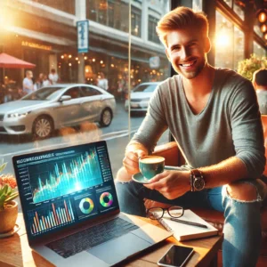 a man with coffee sitting in cyoer cafe with laptop, nice city background out the window practicing his Entrepreneurial Success Tips.