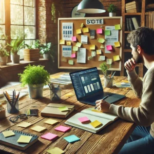 man working on his laptop with a board in background with post it notes and ideas on it brainstorming Entrepreneurial Success Tips.