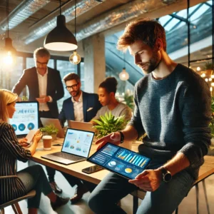 man on tablet in home office with co-workers in background brainstorming Entrepreneurial Success Tips.